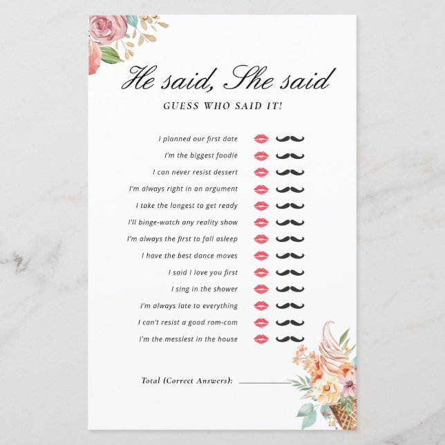 She's Been Scooped Up He Said She Said Bridal Game (Front)