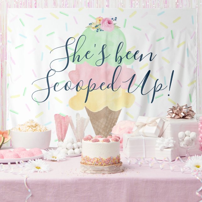 She's Been Scooped Up Ice Cream Backdrop Tapestry (Large She's Been Scooped Up Party Bridal Shower Backdrop Sprinkle | Green Pink Yellow Watercolor)