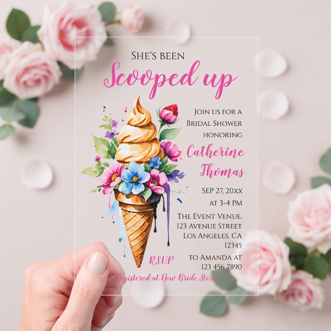 She's Been Scooped Up Ice Cream Bridal Shower  Acrylic Invitations (Front view she’s been scooped up blush girly pretty pink ice cream bridal shower acrylic invitation)
