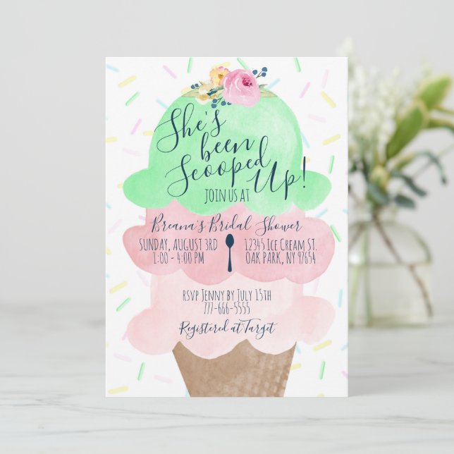 She's Been Scooped Up Ice Cream Bridal Shower Invitation (Standing Front)