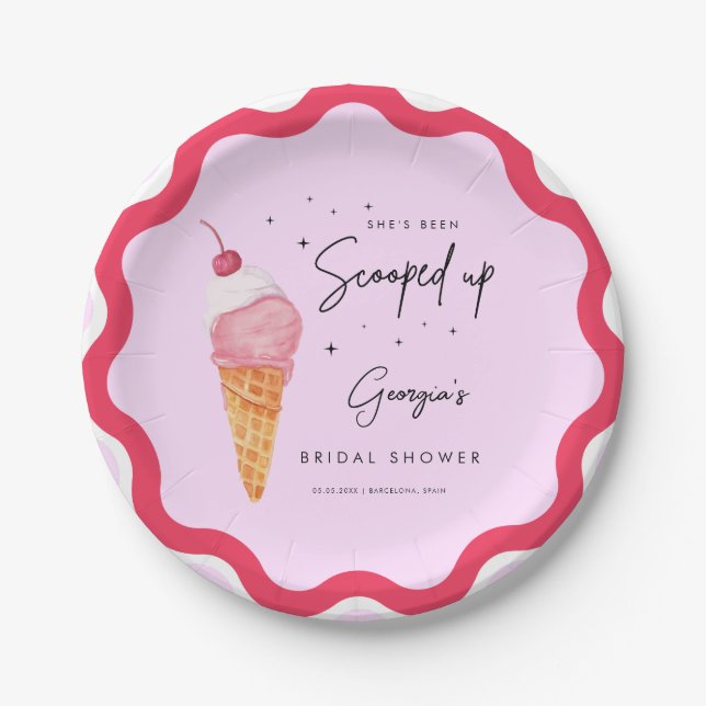 She's Been Scooped Up Pink Red Retro Bridal Shower Paper Plate (Front)