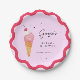 She's Been Scooped Up Wavy Pink Red Bridal Shower Paper Plate