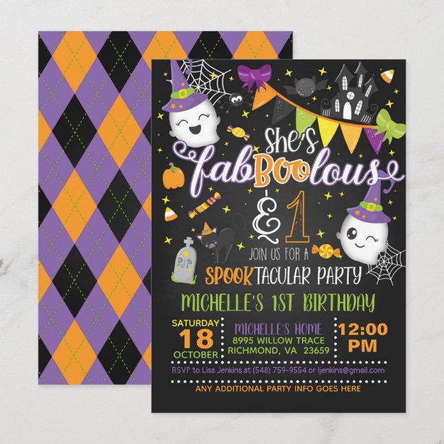 She's Faboolous and ONE Birthday Invitation - Blk (Front/Back)