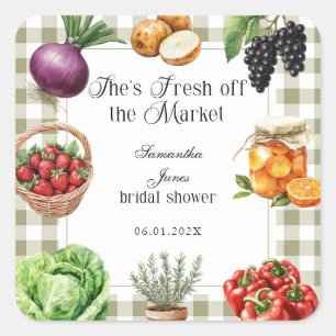 She's Fresh Off The Market Gingham Bridal Shower Square Sticker