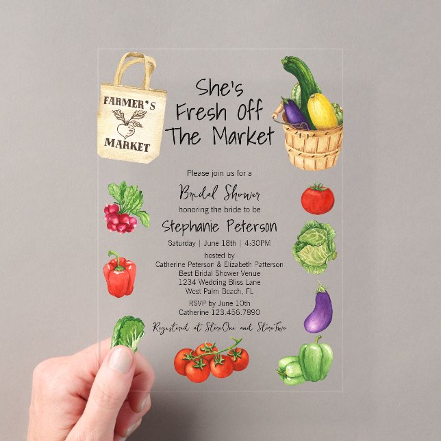 She's Fresh Off the Market Tote Bag Bridal Shower Acrylic Invitations (Insitu (Handheld))