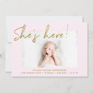 She's Here Gold and Blush Handwritten Photo Birth Announcement