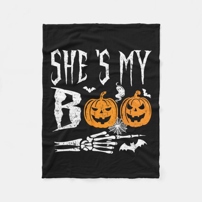 She's My Boo Skeleton Hand Pumpkin Halloween Match Fleece Blanket (Front)
