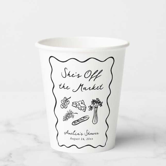 She's Off the Market Bold & Whimsical Hand Drawn Paper Cups (Front)
