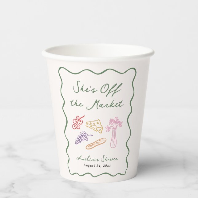 She's Off the Market Bold & Whimsical Hand Drawn Paper Cups (Front)