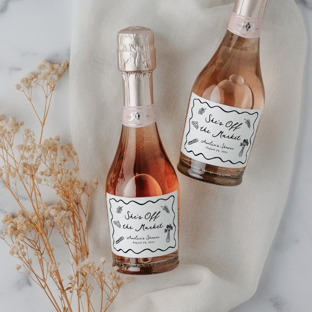 She's Off the Market Bold & Whimsical Hand Drawn Sparkling Wine Label (Creator Uploaded)