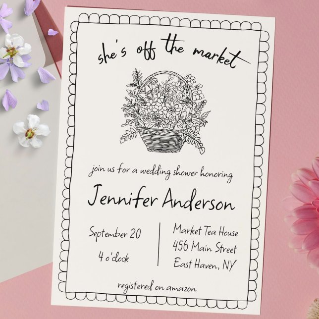 "She's off the Market" Hand Drawn Bridal Shower Invitation (shes off the market bridal shower hand drawn floral bridal shower doodle scribble sketch quirky cute)
