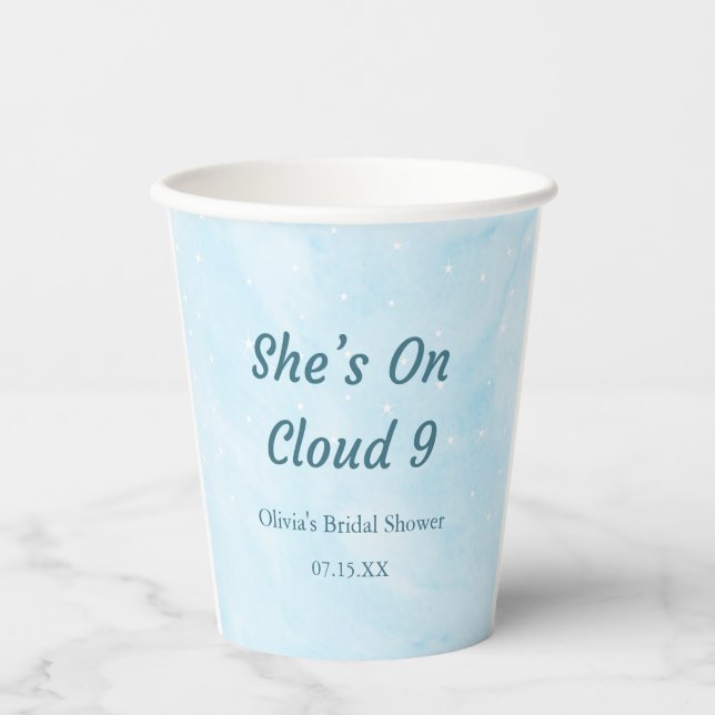 She's On Cloud 9 Dreamy Sky Blue Bridal Shower  Paper Cups (Front)