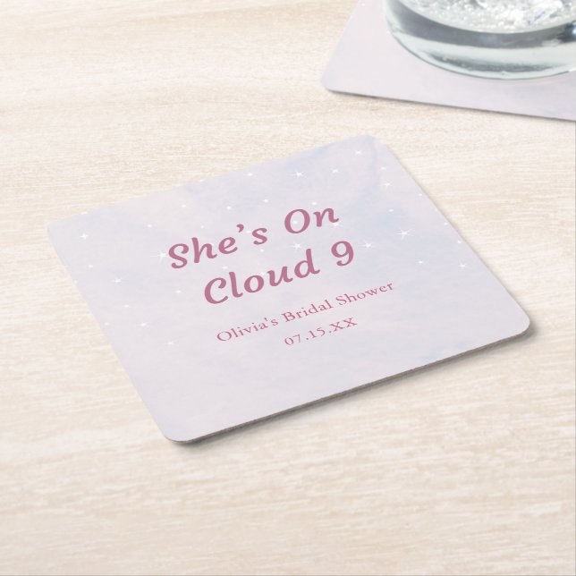 She's On Cloud 9 Pastel Dreamy Bridal Shower  Square Paper Coaster (Angled)