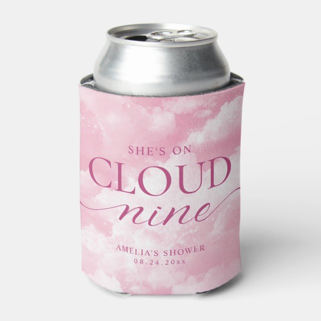 She's On Cloud Nine Pink Bridal Shower Can Cooler (Can Front)