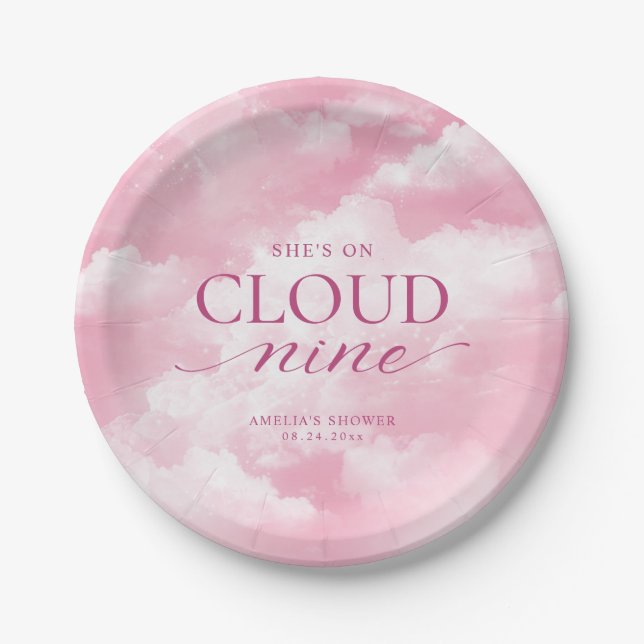 She's On Cloud Nine Pink Bridal Shower Paper Plate (Front)