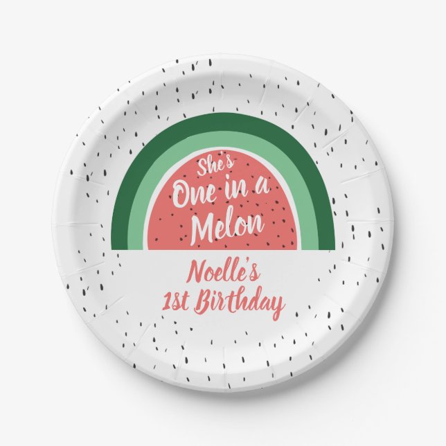 She's One in a Melon, Watermelon Rainbow Birthday Paper Plate (Front)