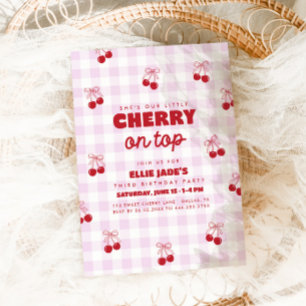 She's Our Cherry On Top Pink Gingham Birthday Invitation