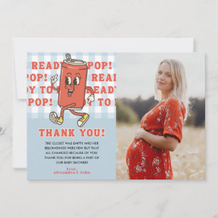 She's Ready to Pop Baby Shower Blue Gingham Photo Thank You Card