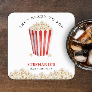 She's Ready To Pop Baby Shower Popcorn Square Paper Coaster