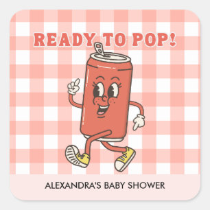 She's Ready to Pop Baby Shower Retro Red Gingham Square Sticker