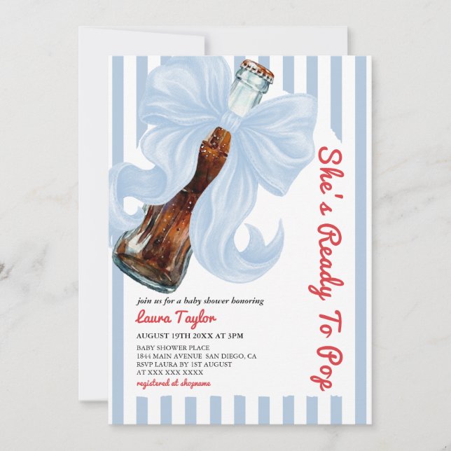 She's Ready To Pop Blue Bow Baby Shower  Invitation (Front)