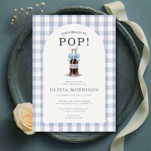 She's Ready to Pop Boy Blue Gingham Baby Shower Invitation
