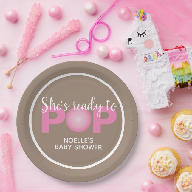 She's Ready to Pop Bubblegum Theme, Taupe & Pink Paper Plate (Party)