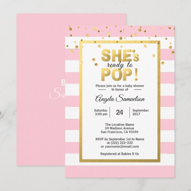 She's Ready to POP Gold Pink Girl Baby Shower Invitation (Front/Back)