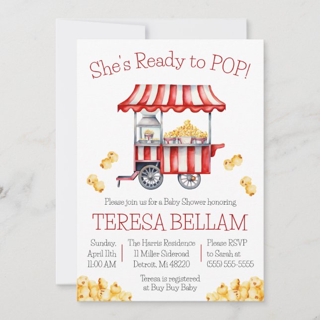 She's Ready to POP!  Popcorn Themed Baby Shower Invitation (Front)