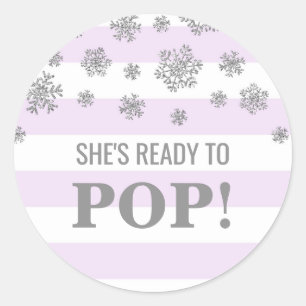 She's Ready to Pop Purple Stripe Silver Snowflakes Classic Round Sticker