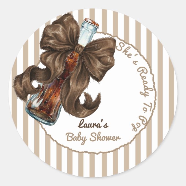 She's Ready To Pop Soda Bow Baby Shower Classic Round Sticker (Front)