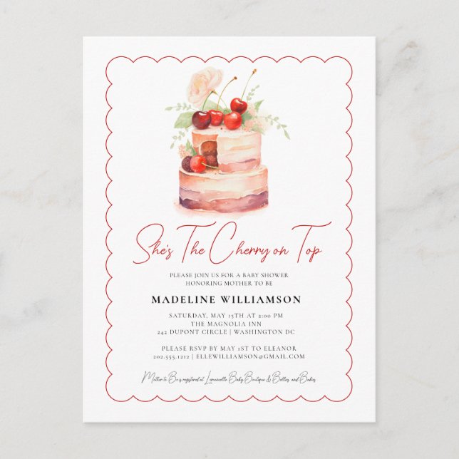 She's the Cherry on Top Baby Shower Invitation  Postcard (Front)