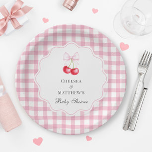 She's The Cherry On Top Pink Bow Baby Shower Paper Plate