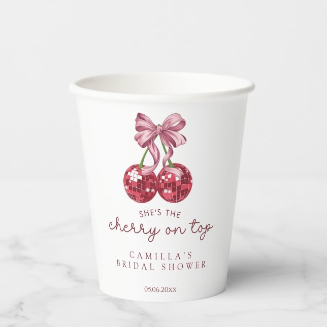 She's The Cherry On Top Pink Bow Bridal Shower Paper Cups (Front)