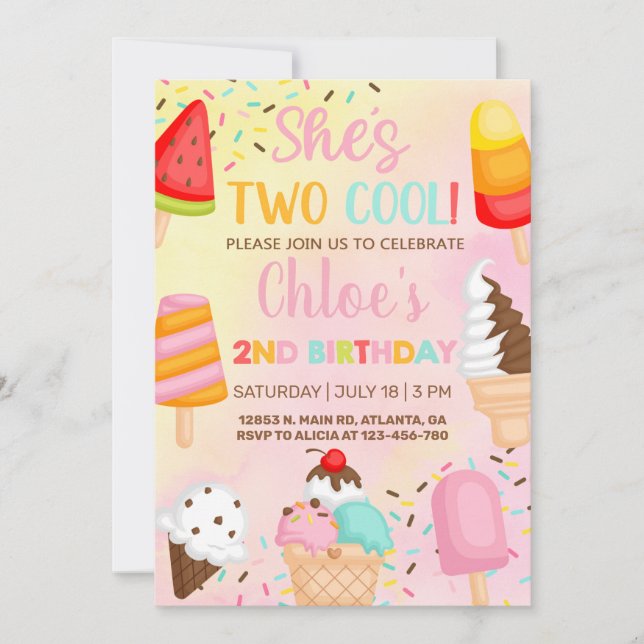 She's two cool 2nd birthday popsicle invite. invitation (Front)