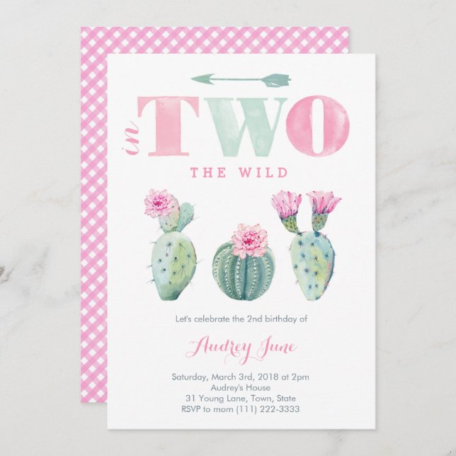 She's TWO wild 2nd birthday cacti invites for girl (Front/Back)