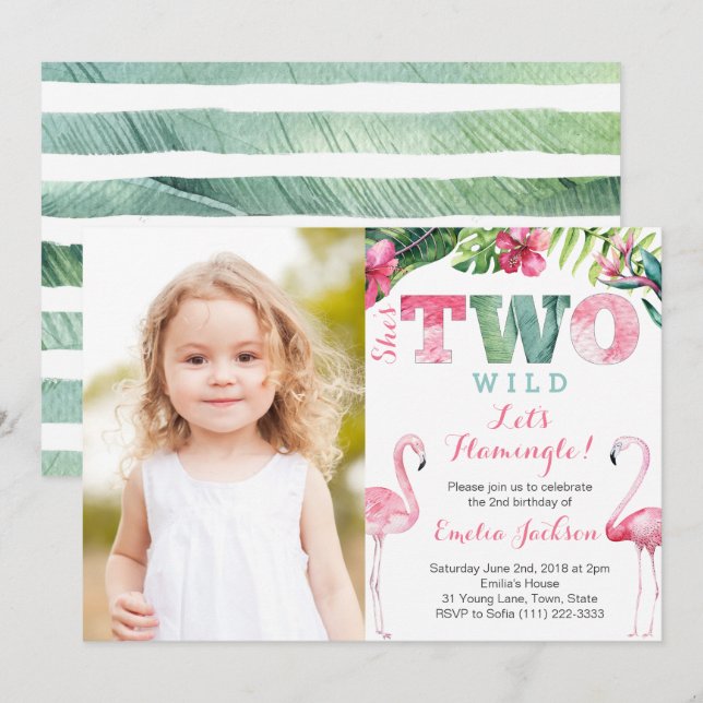 she's TWO wild Flamingo Birthday Party PhotoCard Invitation (Front/Back)