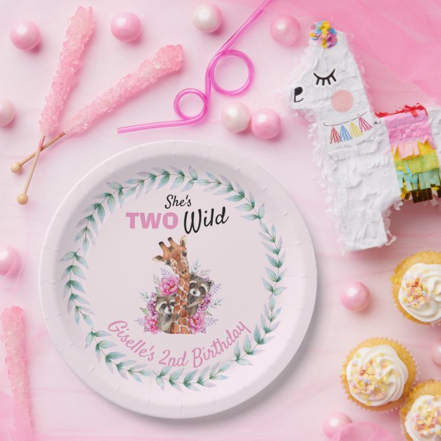 She's Two Wild Safari Giraffe Floral Birthday Paper Plate (Party)