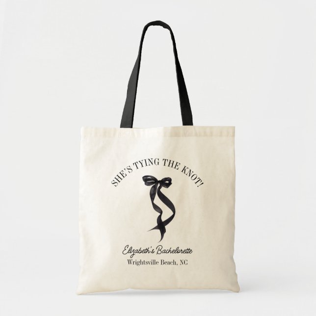 She's Tying the Knot Black Bow Bachelorette  Tote Bag (Front)