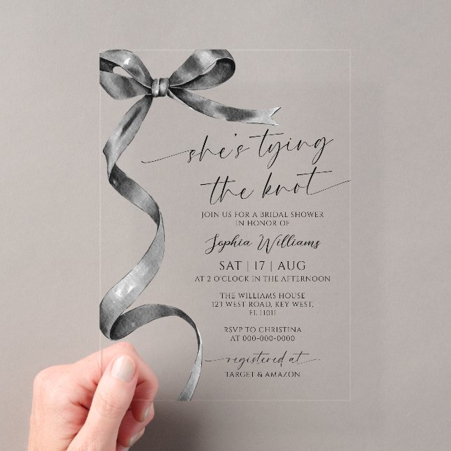 She's Tying the Knot Black Bow Bridal Shower Acrylic Invitations (Insitu (Handheld))