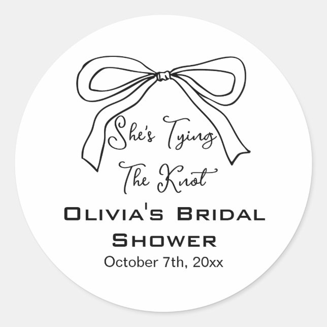 She's Tying the Knot Black Bow Bridal Shower Classic Round Sticker (Front)