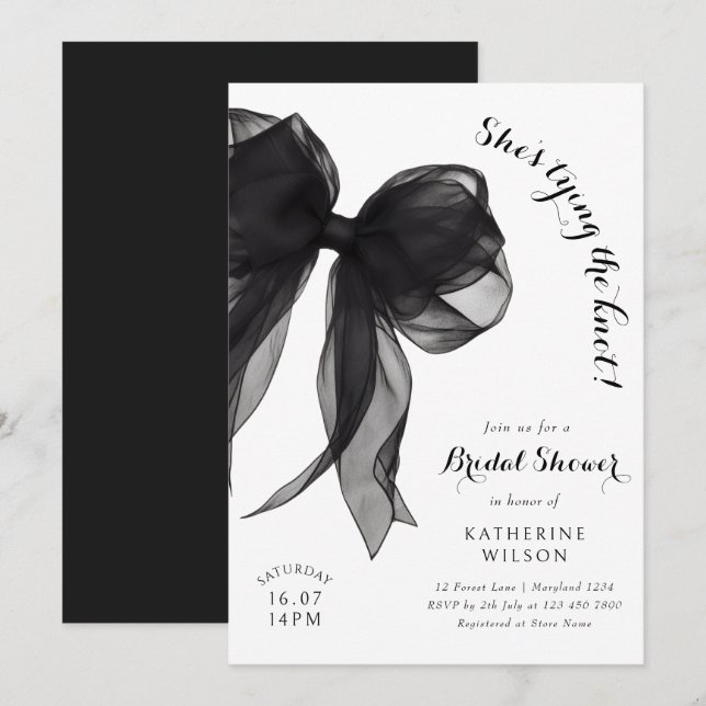 She's Tying The Knot Black Bow Bridal Shower Invitation (Front/Back)