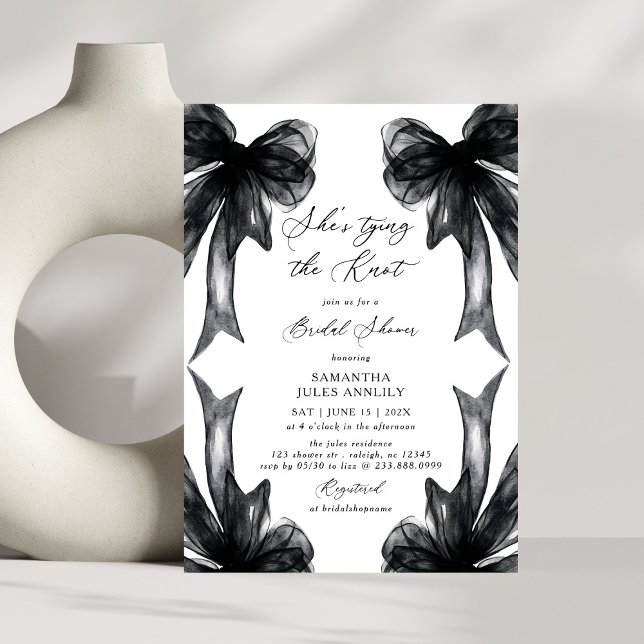 She's Tying The Knot Black Bow Bridal Shower Invitation (Creator Uploaded)
