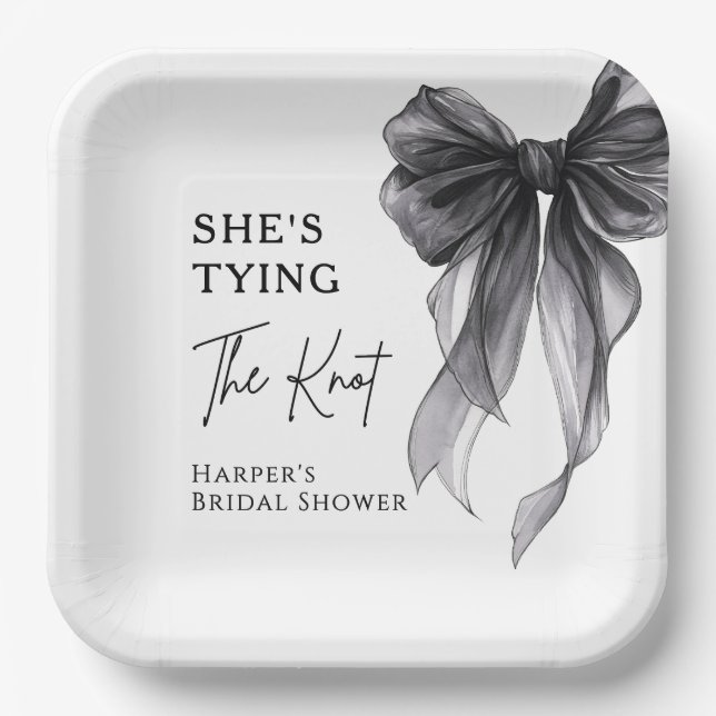 She's Tying The Knot Black Bow Bridal Shower Paper Plate (Front)