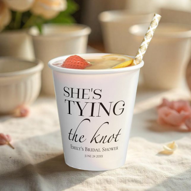 She's tying the knot | Black & White Bridal Shower Paper Cups (Creator Uploaded)