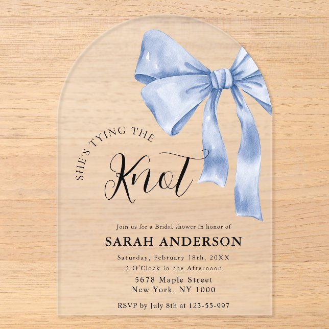 She's Tying the Knot blue bow Bridal Shower  Acrylic Invitations (Front)