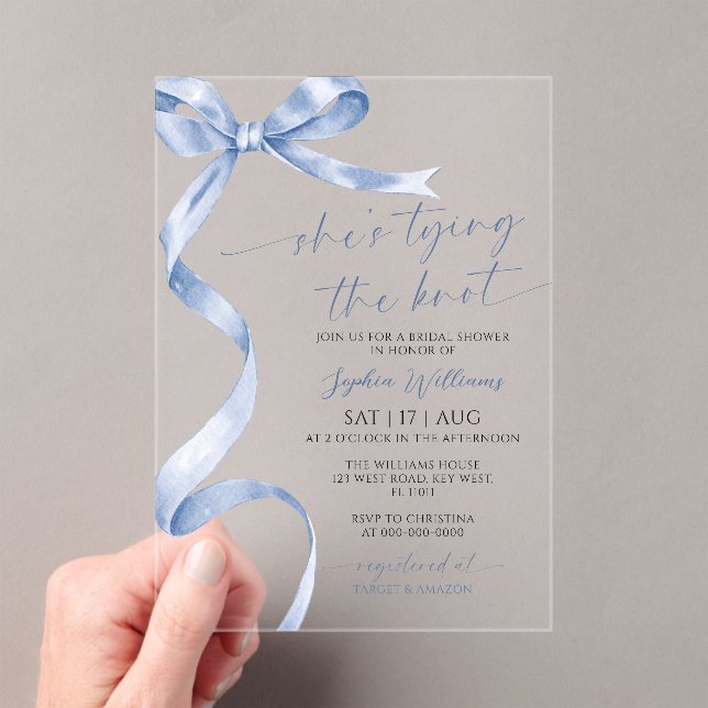 She's Tying the Knot Blue Bow Bridal Shower Acrylic Invitations (Insitu (Handheld))