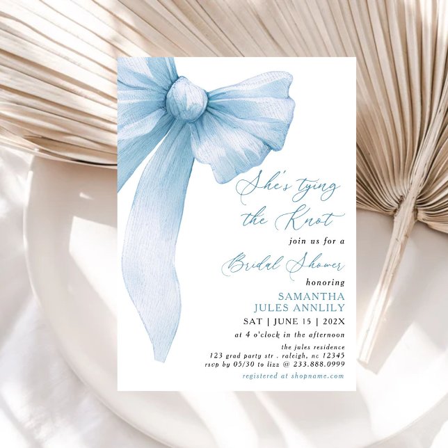 She's Tying The Knot Blue Bow Bridal Shower Invitation (Creator Uploaded)
