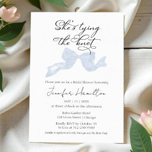 She's tying the knot   Blue Bow Bridal Shower Invitation