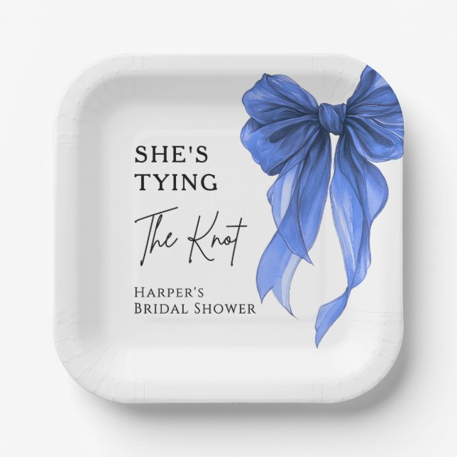 She's Tying The Knot Blue Bow Bridal Shower Paper Plate (Front)